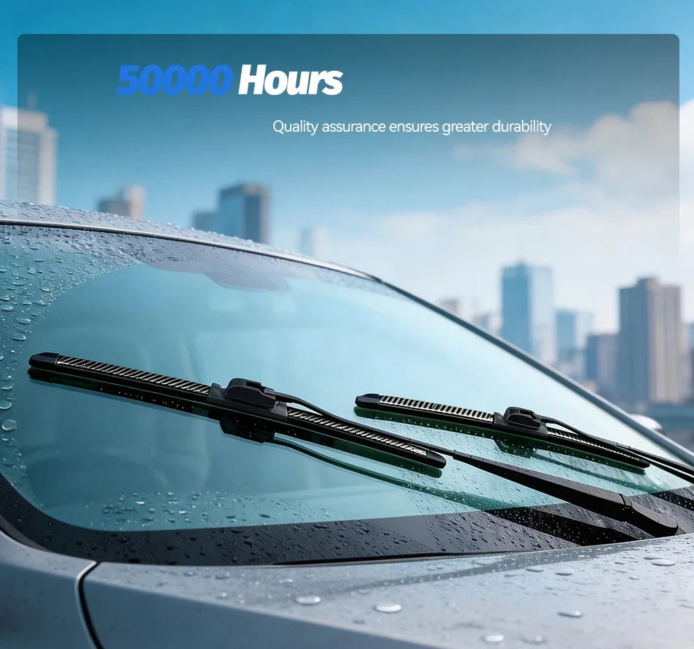 Nahaufnahme einer Autoscheibe mit Wischerblättern, zeigt Text über 5000 Stunden Haltbarkeit.