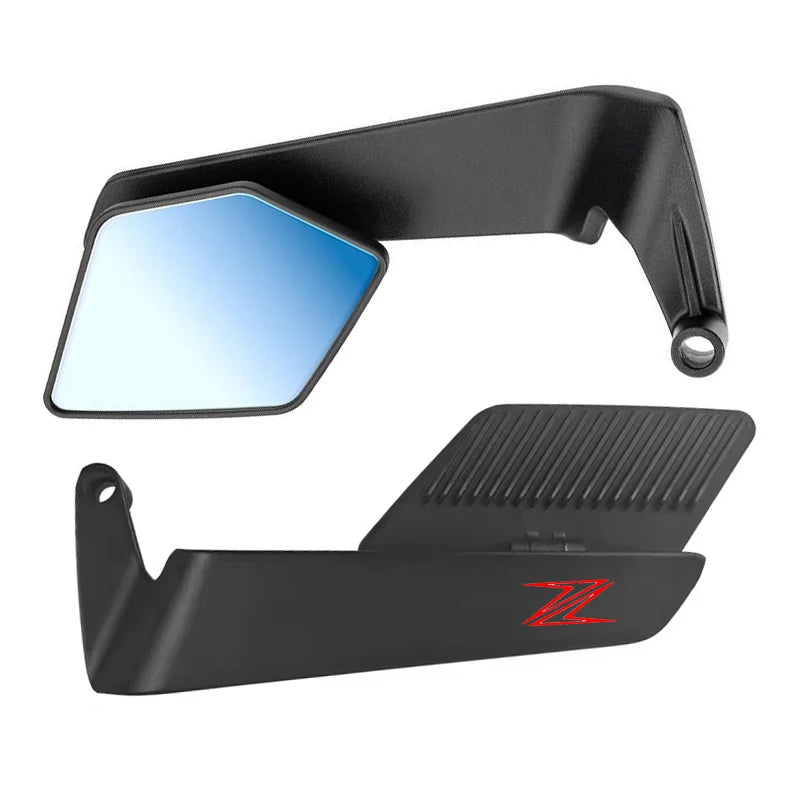 A black adjustable motorcycle side mirror with a clear glass surface shown in profile.