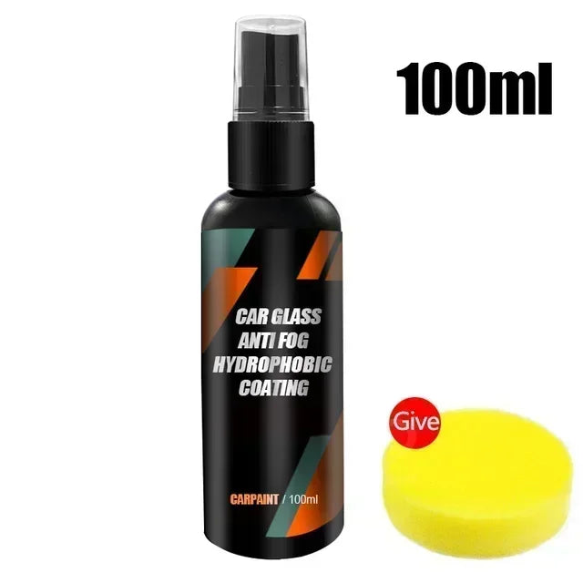 A black glass bottle of Car Paint Anti Fog Hydrophobic Coating with a yellow sponge applicator.