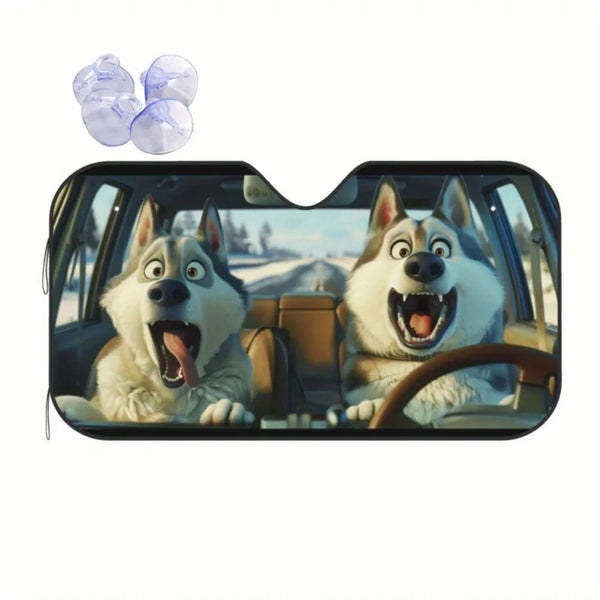 A close-up of a foldable car windshield sun shade featuring two dog faces looking out through the glass.