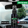 A bottle of glass anti fog spray is shown in a car interior context before and after use.
