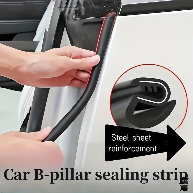 A hand is installing a black steel sheet reinforcement sealing strip on a car B-pillar.