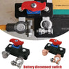 A battery disconnect switch with red and blue levers and silver terminals for automotive use.