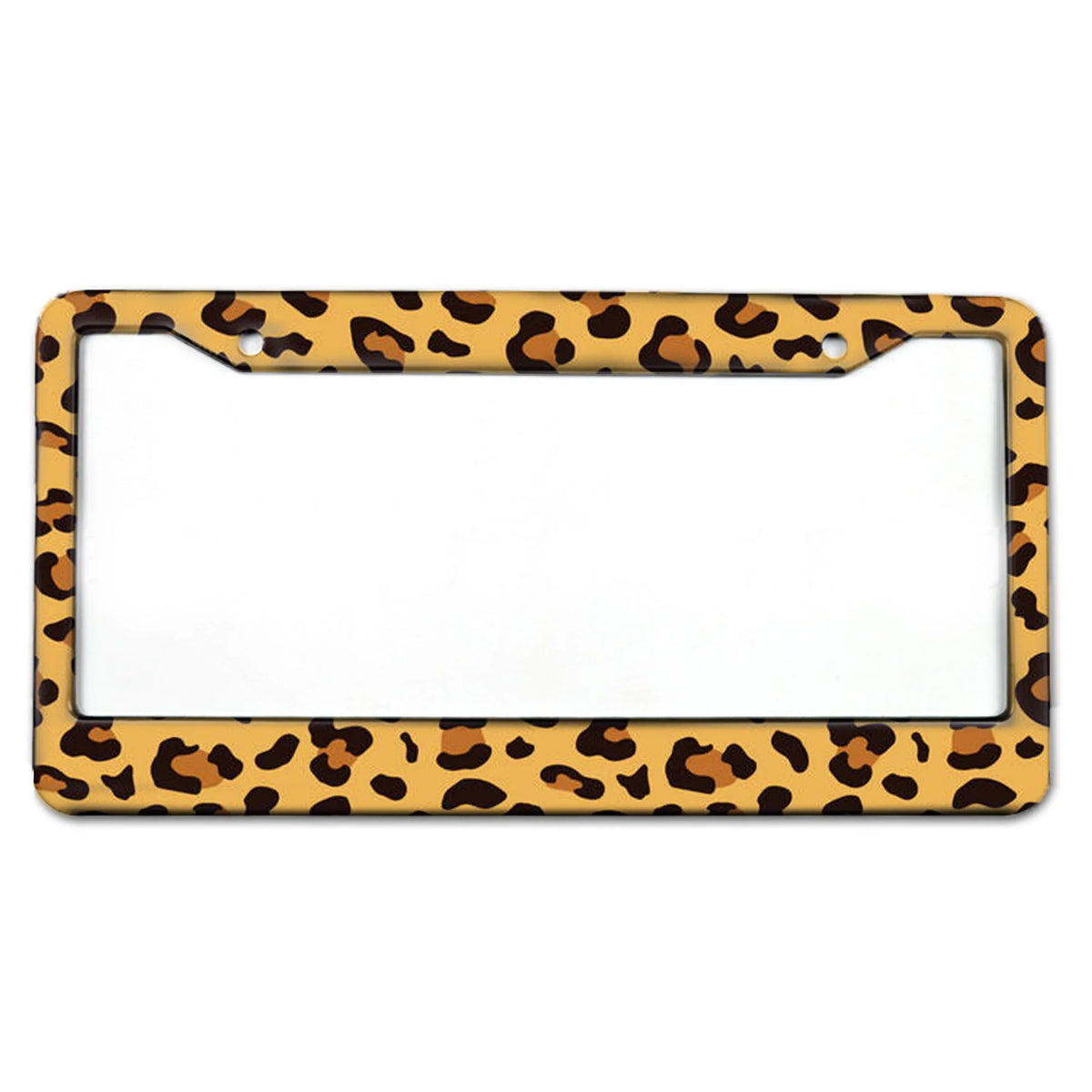 A rectangular license plate frame with a leopard print design on an aluminum background.