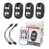 A set of multi-color car ambient interior lights with a remote control and power cables displayed next to the product box.