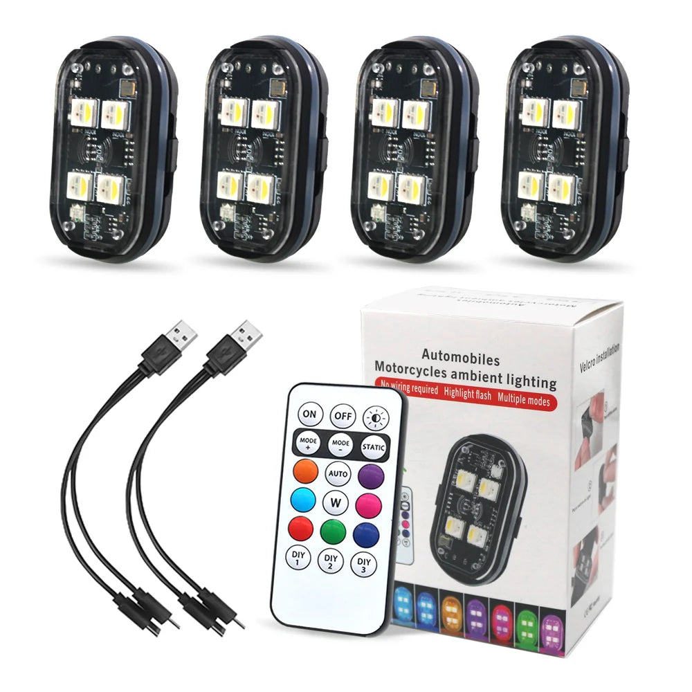 A set of multi-color car ambient interior lights with a remote control and power cables displayed next to the product box.