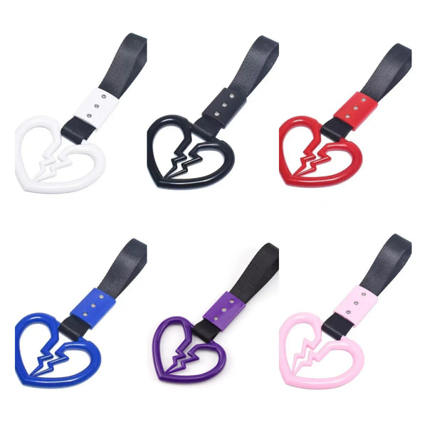 A set of five JDM Tsurikawa straps featuring heart charms in black, white, red, and purple.