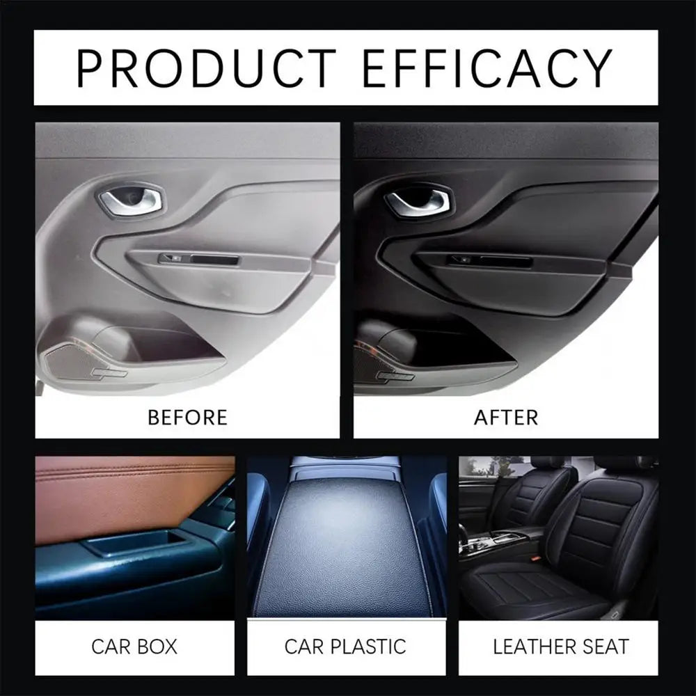 Comparaison avant/après d'un produit de polissage pour intérieur de voiture sur plastique et cuir.