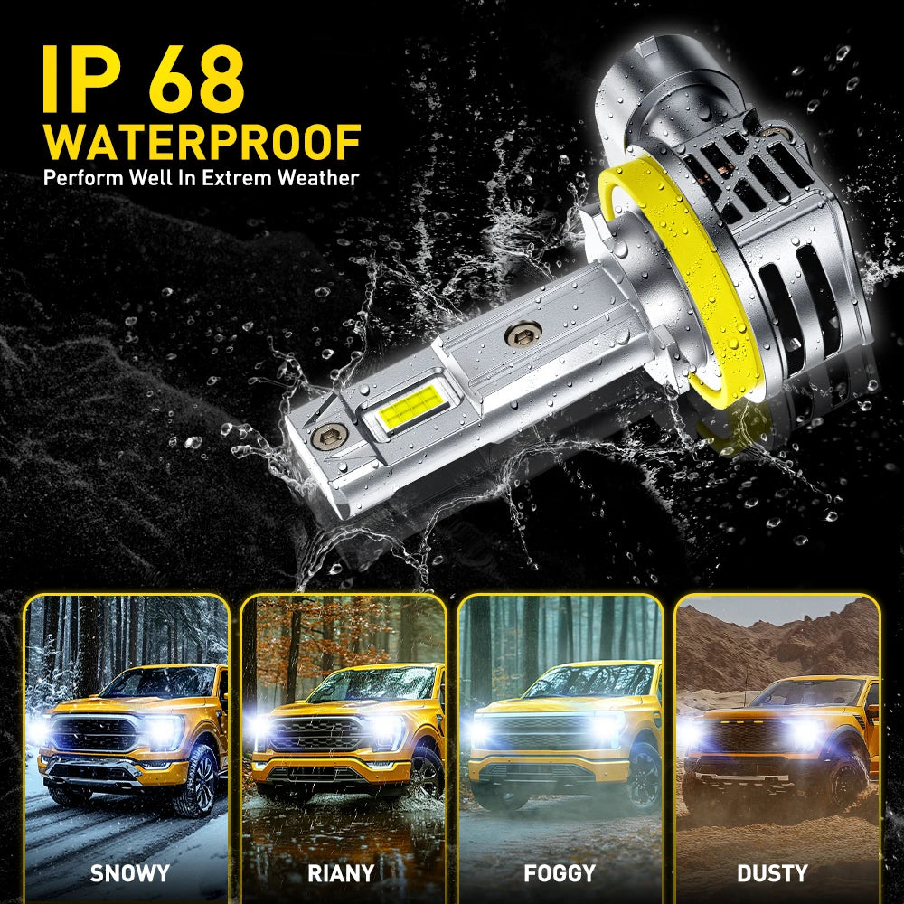 Close-up of an IP68 waterproof turbo LED headlight bulb being sprayed with water, shown in various weather conditions.