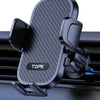 A black adjustable car vent phone mount with a textured surface is shown mounted on a dark car vent.