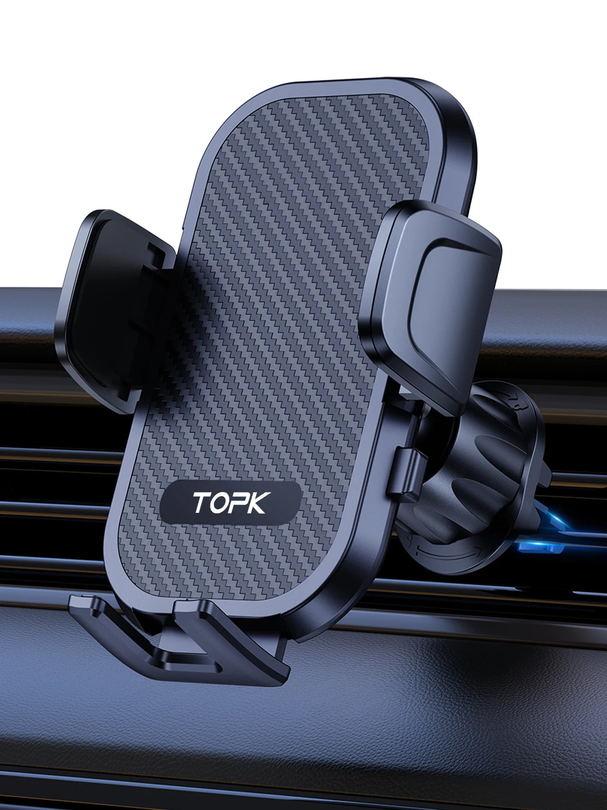 A black adjustable car vent phone mount with a textured surface is shown mounted on a dark car vent.