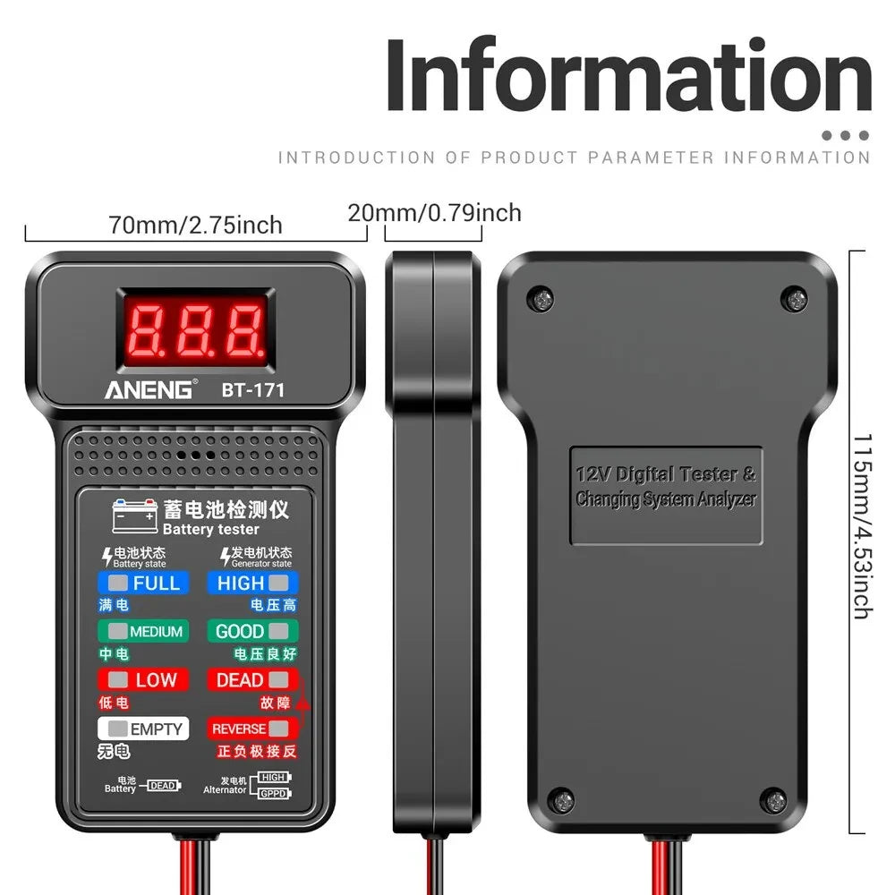 Schwarzer digitaler Batterietester und Ladegerät mit rotem Kabel, neben den Maßen dargestellt.