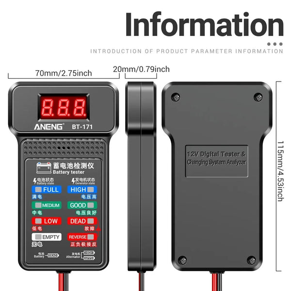 A black digital battery tester and charger with a red cable, shown next to its dimensions.