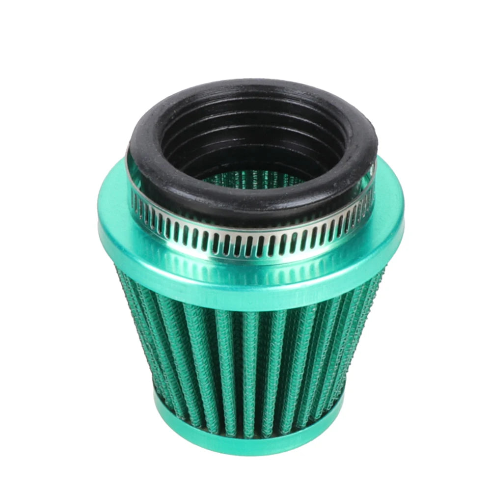 Kit d'admission d'air universel pour moto, corps vert sarcelle et entrée filetée noire.