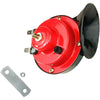 Red 12V waterproof snail horn for motorcycles and cars with mounting bracket.