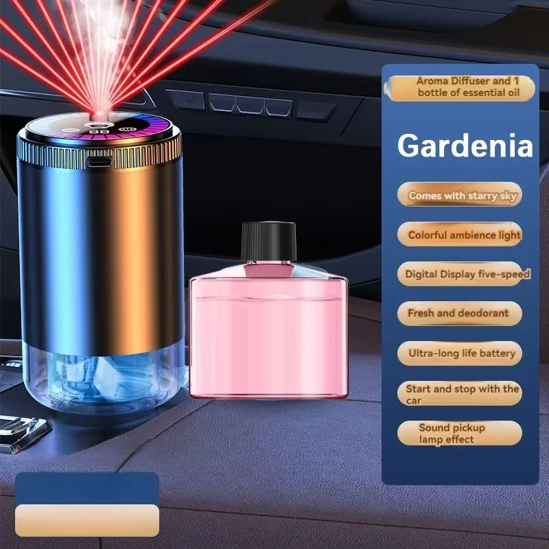 A Gardenia aroma diffuser and essential oil bottle displayed on a dark car interior surface.