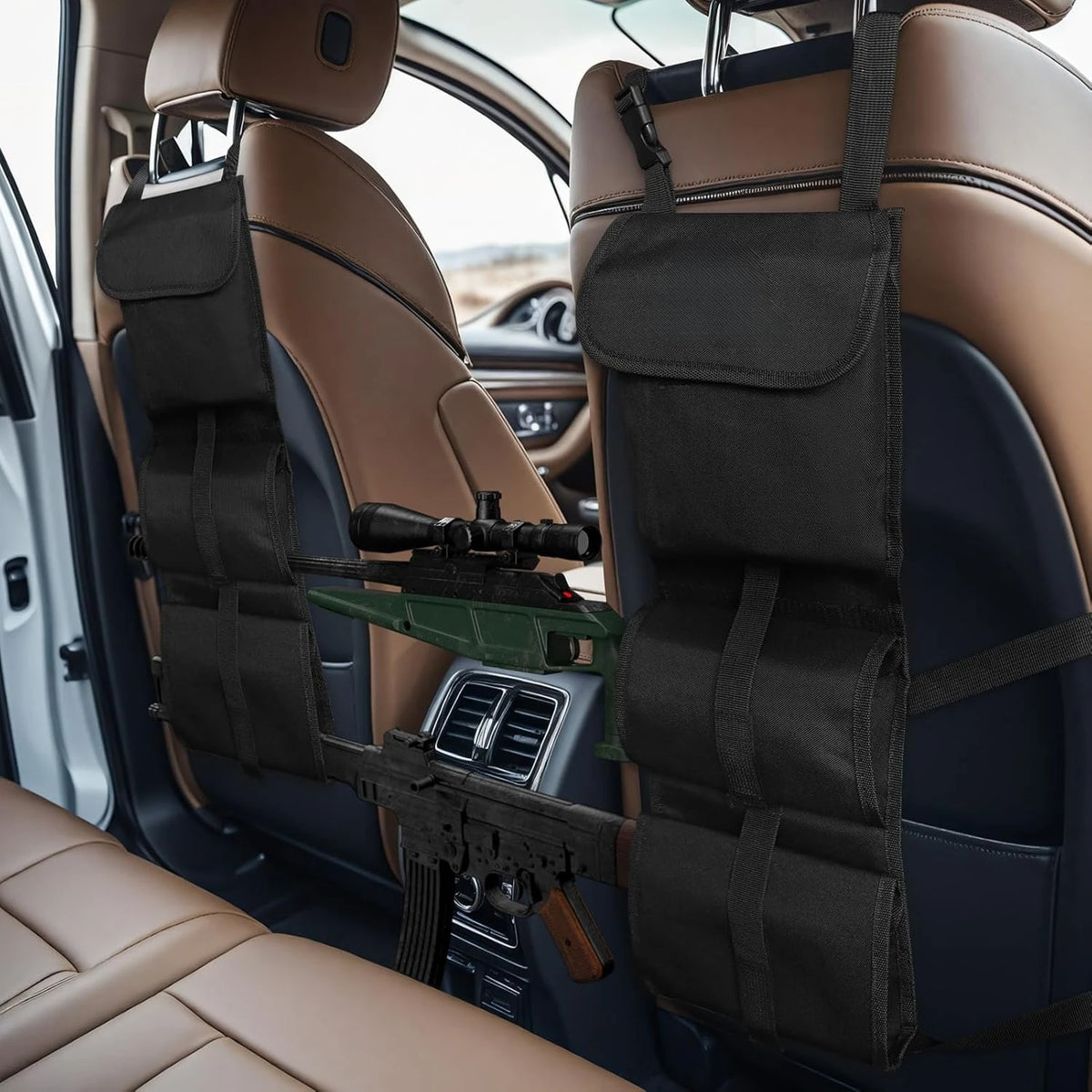A tactical rifle sling organizer with multi-pocket storage is shown mounted in a vehicle interior.