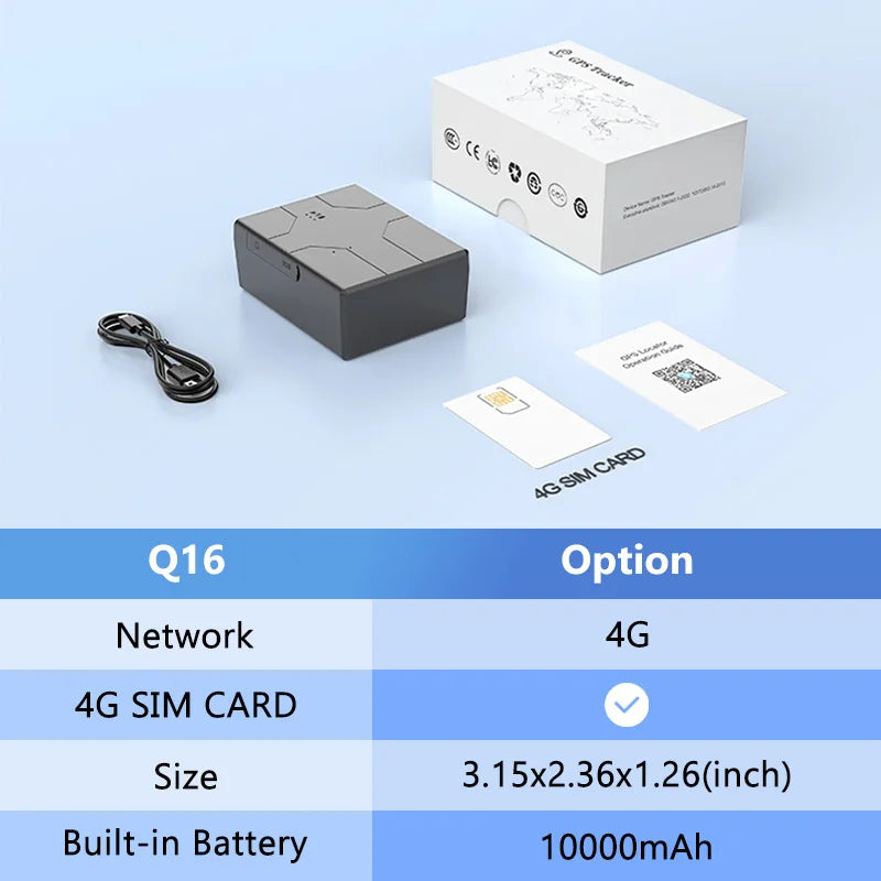 Une boîte blanche, un appareil noir et une carte SIM 4G sont présentés sur une surface bleu clair.