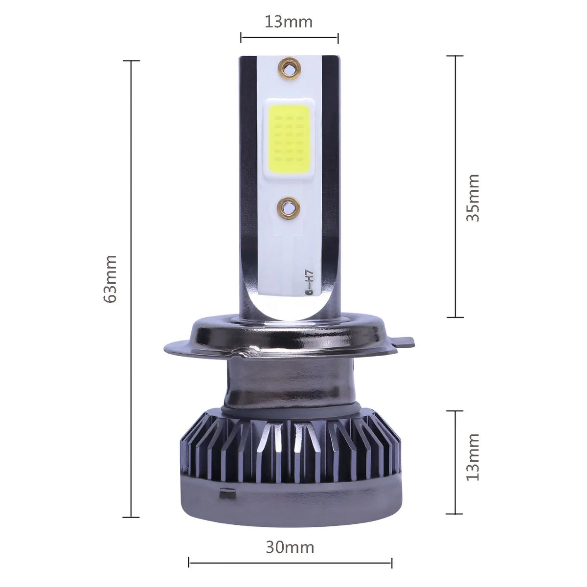 Vertikale Ansicht einer Hochleistungs-LED-Auto-Scheinwerferglühbirnenbaugruppe mit weißem Gehäuse und Metallbasis.