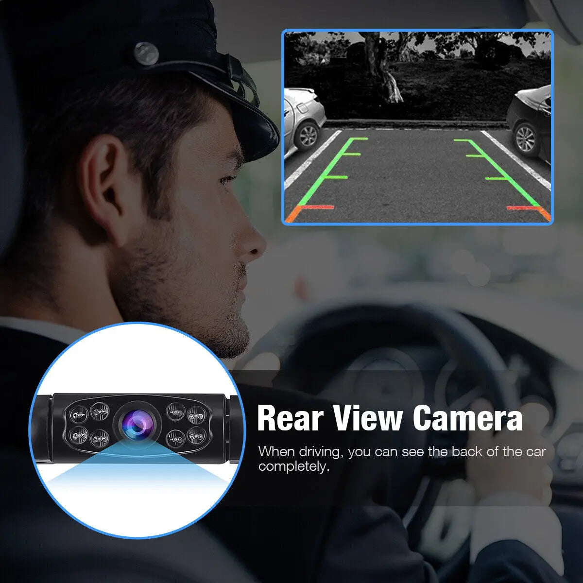 A man driving a car with a rear view camera mounted, showing the vehicle's back.