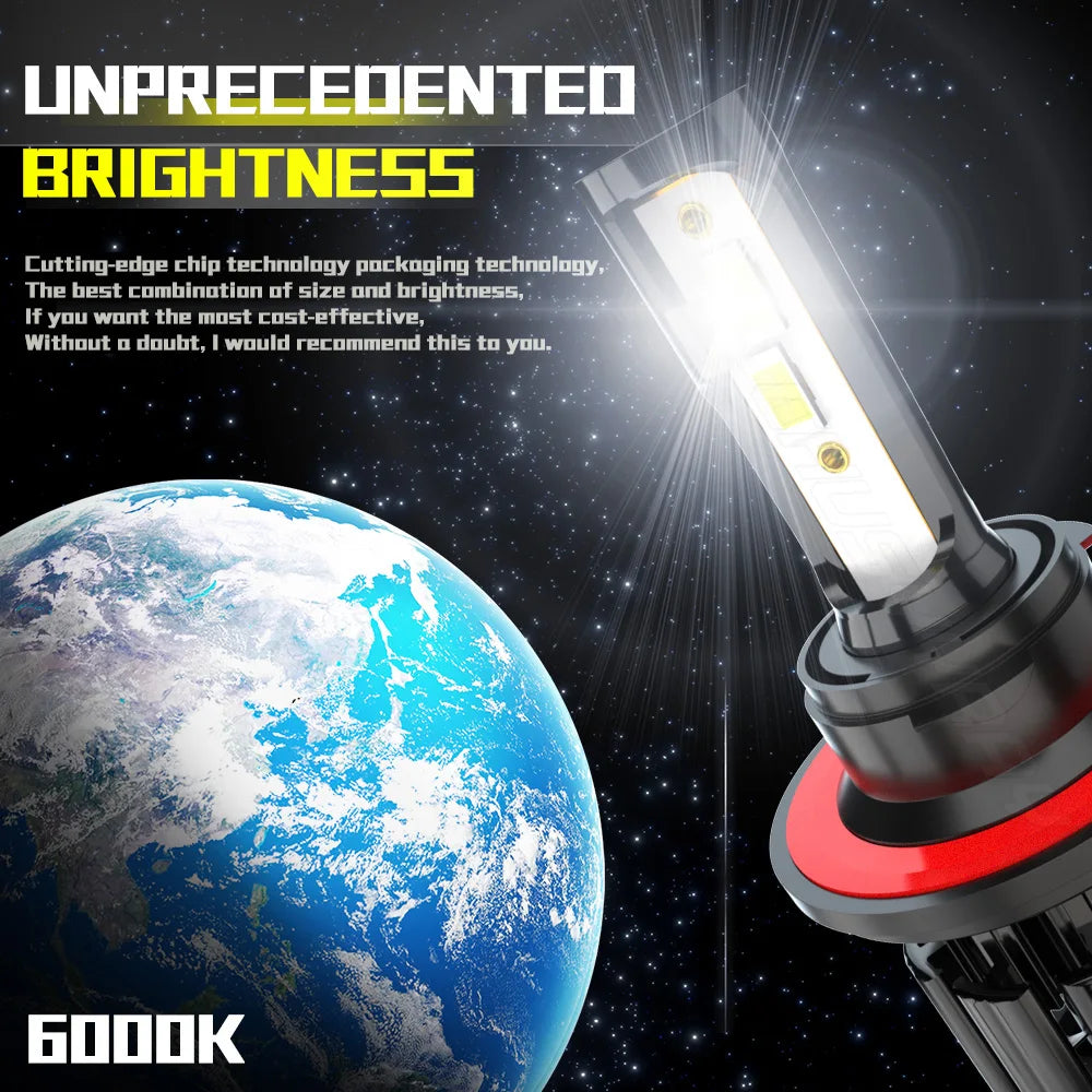 A bright LED headlight bulb is shown next to a view of Earth, highlighting the product's brightness and performance.