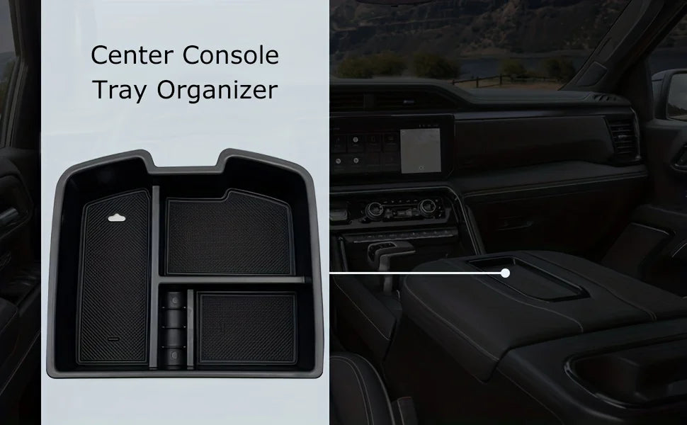 Center Console Tray Organizer for trucks showing storage compartments in a vehicle interior