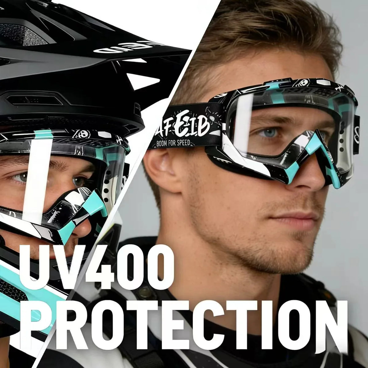 A close-up of a male model wearing multi-color noseless motorcycle goggles for UV400 protection.