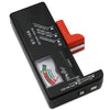 Black universal battery tester device showing a color-coded indicator for battery voltage.