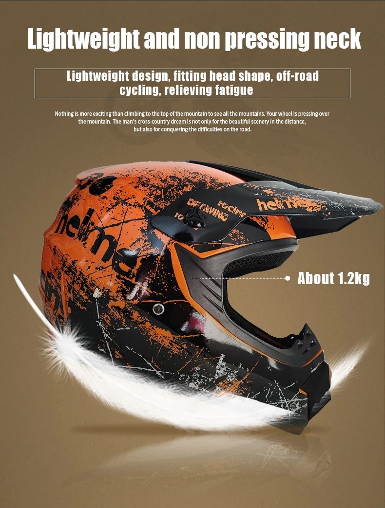 An orange and black lightweight and non pressing neck helmet is shown in a dynamic angle.