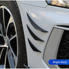 Close-up of a white car bumper featuring black aerodynamic spoiler fins and a tire.