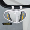 A white 360° adjustable car blind spot mirror is shown mounted on a curved surface.