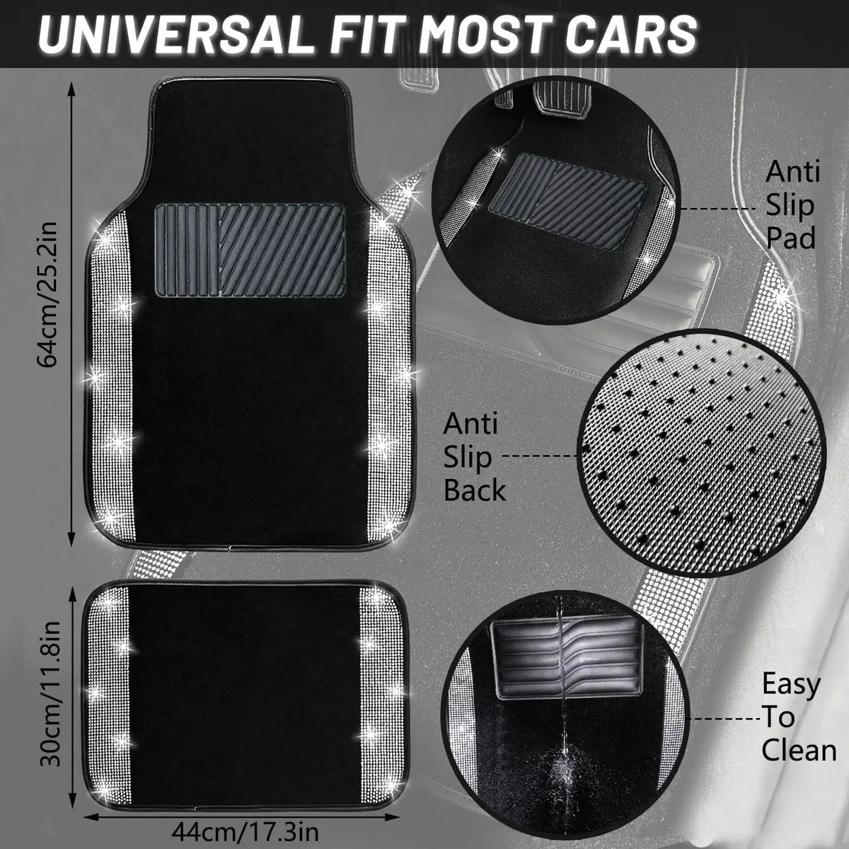 A set of universal fit car floor mats featuring anti-slip pads and an easy-to-clean design.