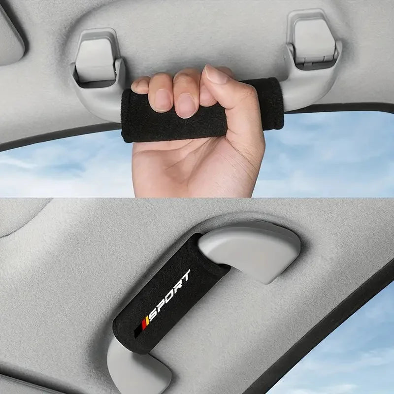 A hand is gripping a black car handle cover, demonstrating the fit of the universal car handle covers set on a car interior.