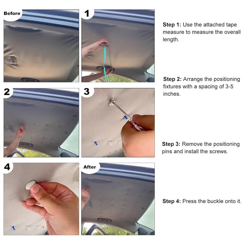 A four-step guide showing how to use fasteners to repair a car headliner.