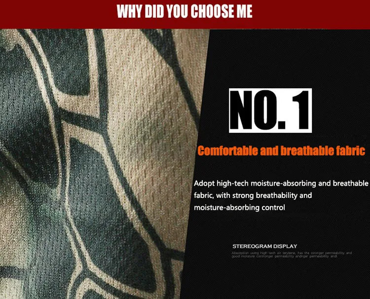 Close-up of a fabric texture with a camouflage pattern and text highlighting features like moisture-absorbing and breathable 