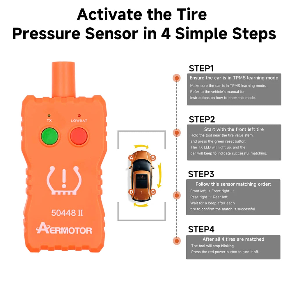 An orange tool for activating a tire pressure sensor in four simple steps.