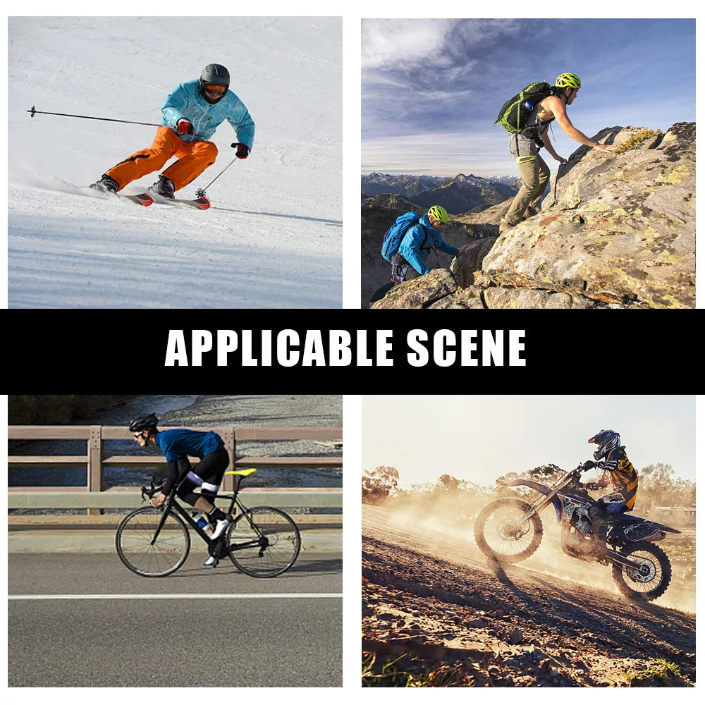 Two panels show activities: a person skiing on snow and a person riding a dirt bike on rocks.