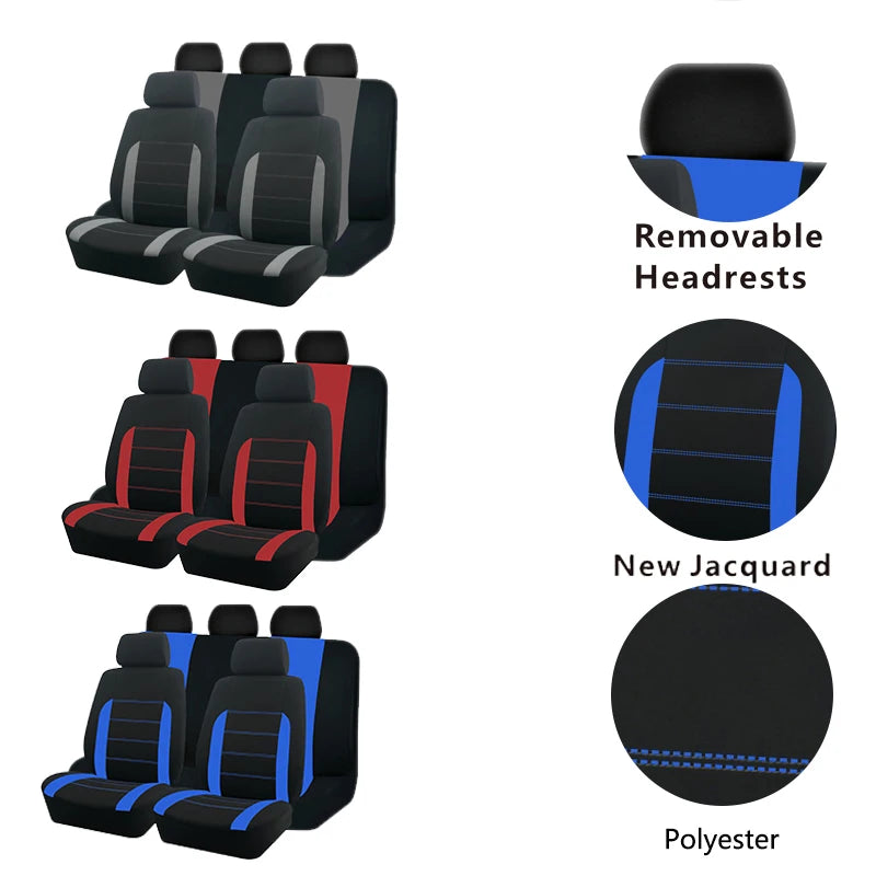 Set schwarze Autositzausstattung mit abnehmbaren Kopfstützen, neuem Jacquard-Stoff und Polyestermaterial.