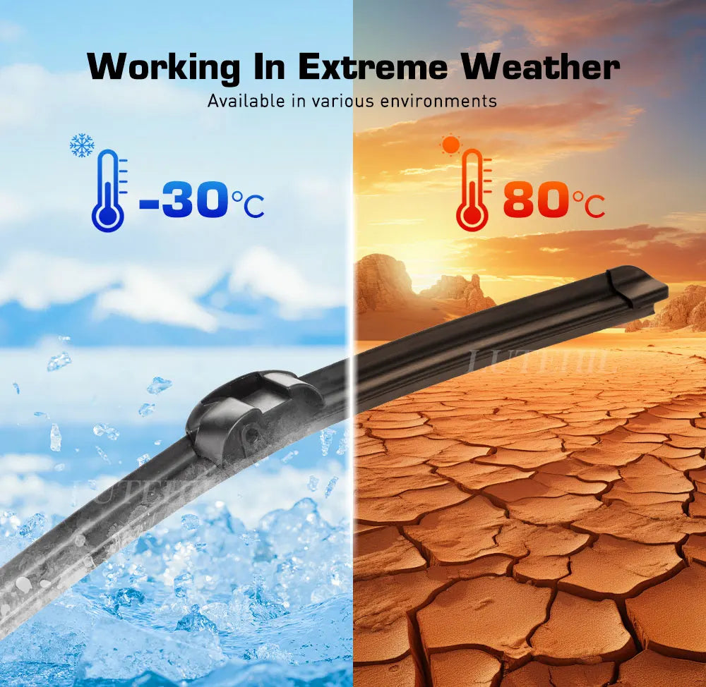 A Ford Ranger front wiper blade set is shown in a split image demonstrating performance in extreme cold and heat.