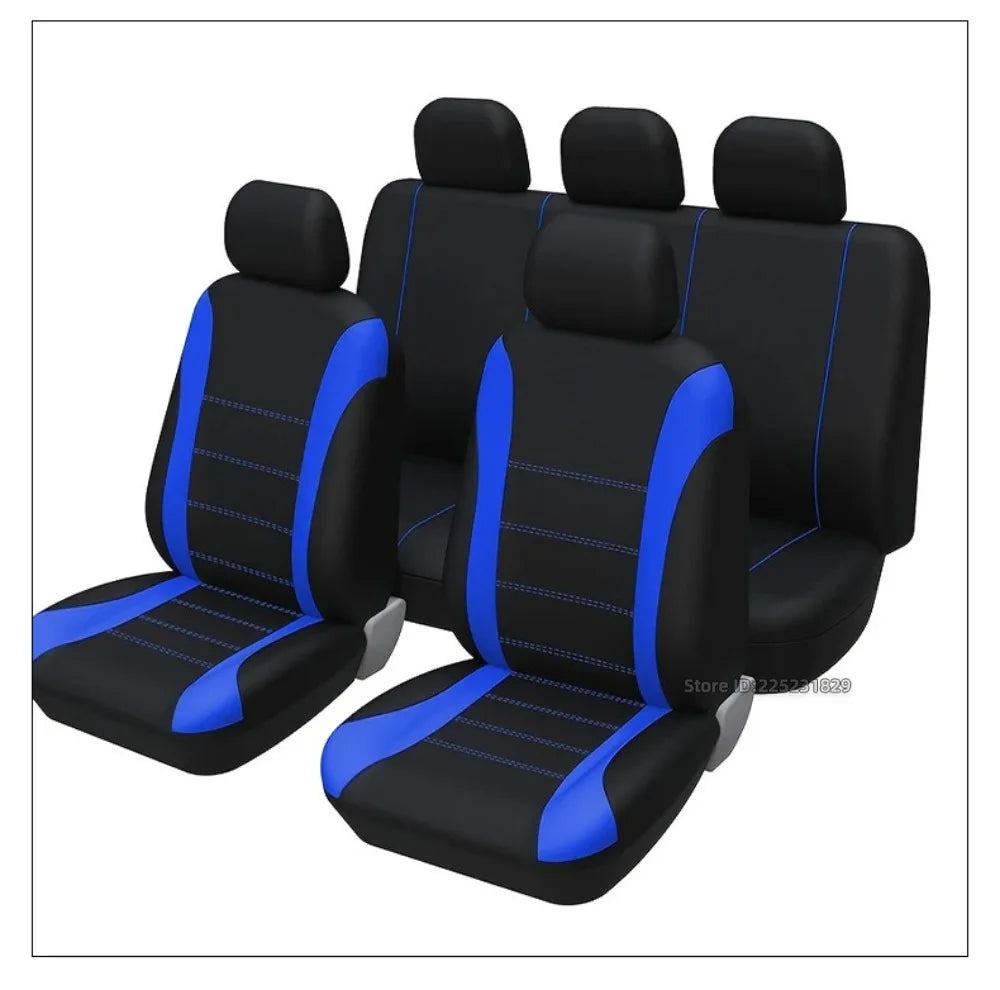 Three black seat covers with blue accents shown side by side.