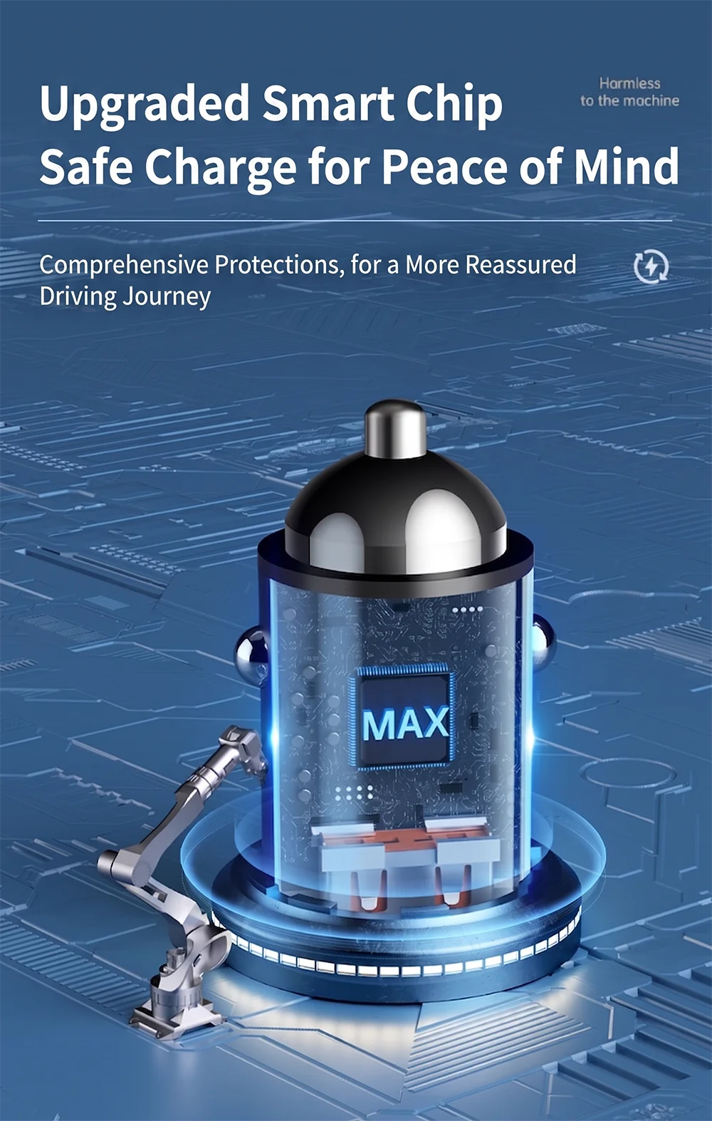 A futuristic smart chip safe charge device with a glass body and silver accents resting on a blue circuit board.
