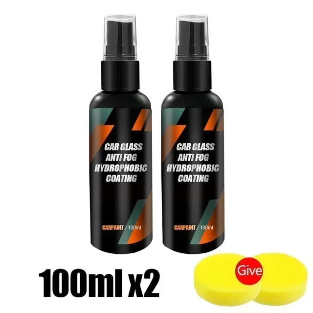 Two black glass bottles of car glass anti fog hydrophobic coating spray with yellow gel applicators