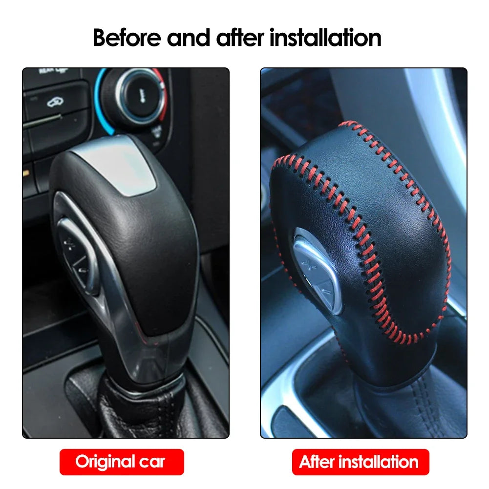 Vergleich vor und nach der Installation einer Getriebestang-Knaufabdeckung am Lenkrad eines Autos.