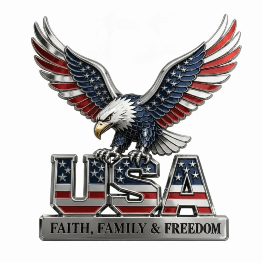 Emblema metálico 3D de un águila americana con alas extendidas sobre el texto USA y el lema FAITH FAMILY &