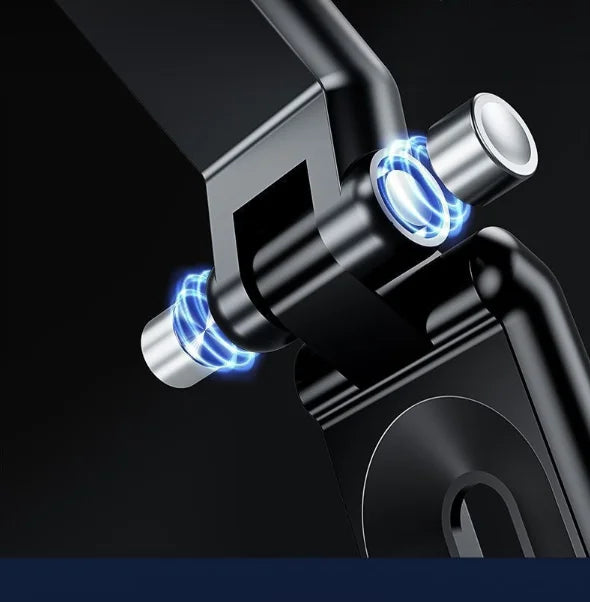 A close-up view of a black 360° rotating phone mount mechanism with glowing blue accents.