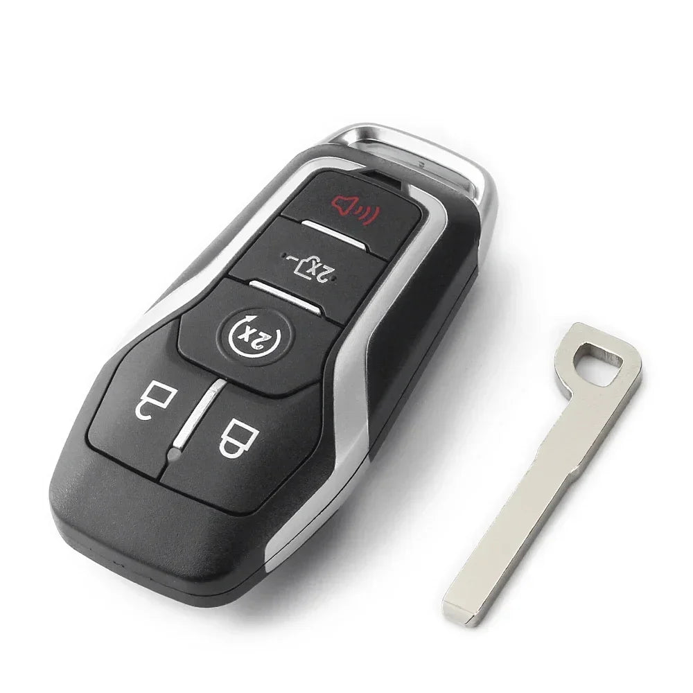 A black smart key shell replacement case with a silver key inserted, showing a button and a speaker icon.