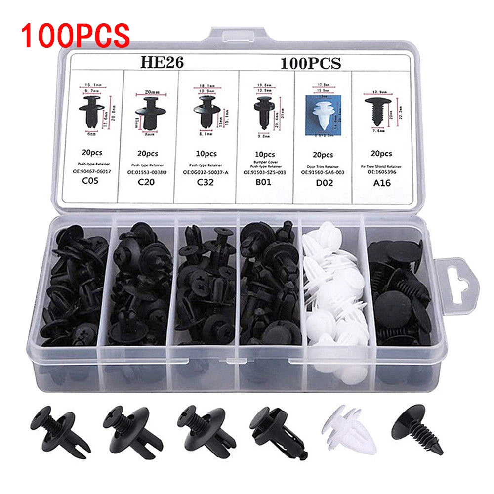 Kit de clips universels noir et blanc pour panneaux de carrosserie de voiture.