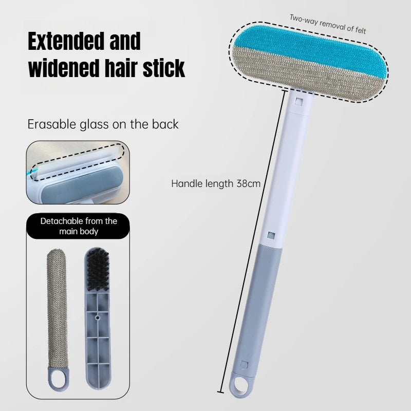 A long-handled static pet hair remover brush with an extended and widened head, featuring a light blue and gray bristles.
