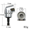 A silver angle drill attachment with a magnetic bit holder, showing its dimensions and weight.