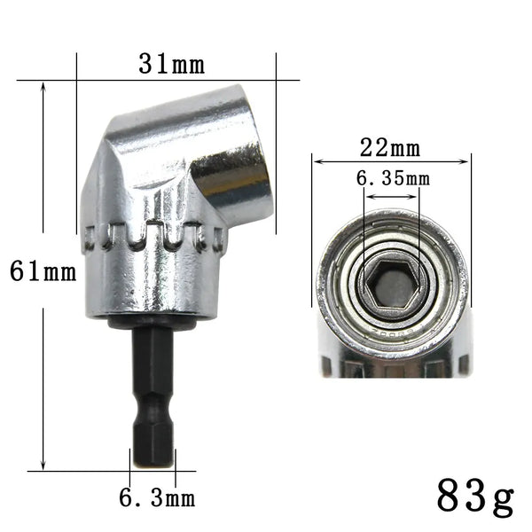 A silver angle drill attachment with a magnetic bit holder, showing its dimensions and weight.